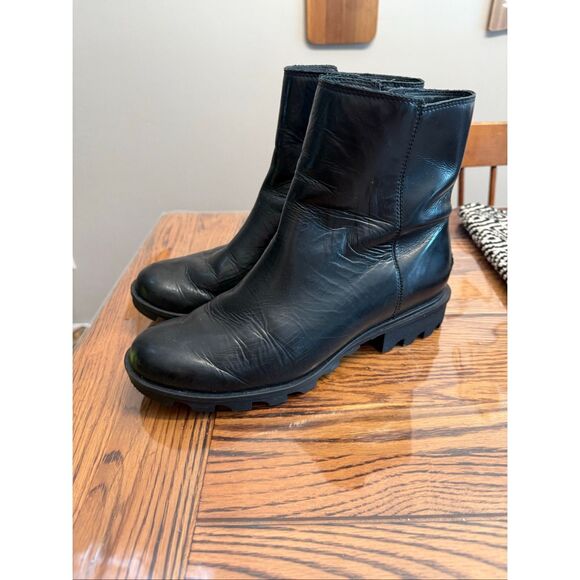 Sorel Phoenix Black Leather Round Toe Waterproof Side Zip Ankle Boots Size 10 - Picture 3 of 6